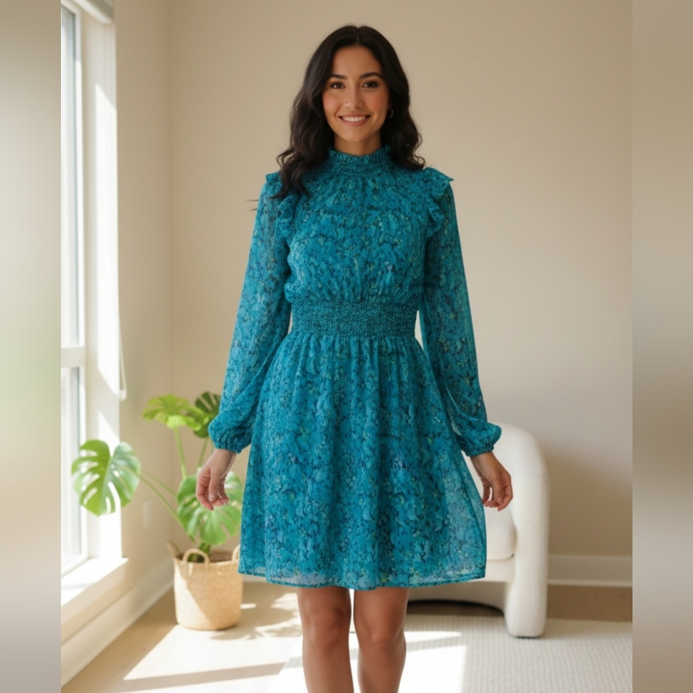 Womens Chic Teal Long Sleeve Dress Size 4